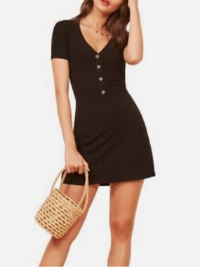 Reformation Black Cardinal Ribbed Stretch Knit Button Front Mini Dress Small
